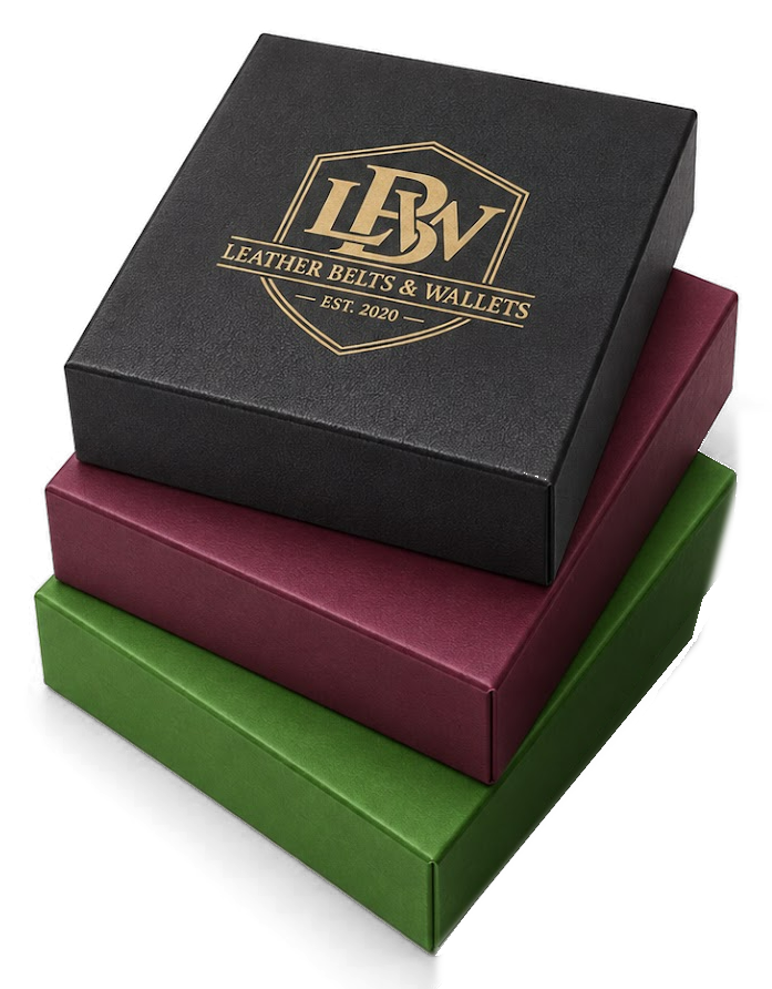 Stack of LBW gift boxes in black, burgundy and green