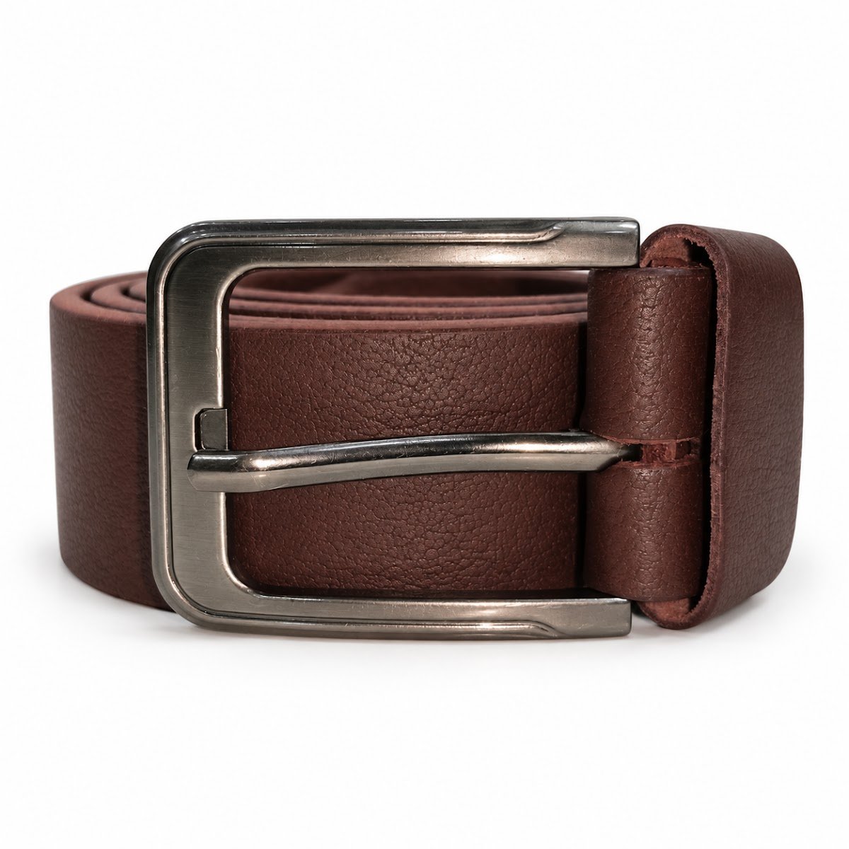 The Titan Heavy-Duty Buffalo Leather Belt, coiled with its pin buckle